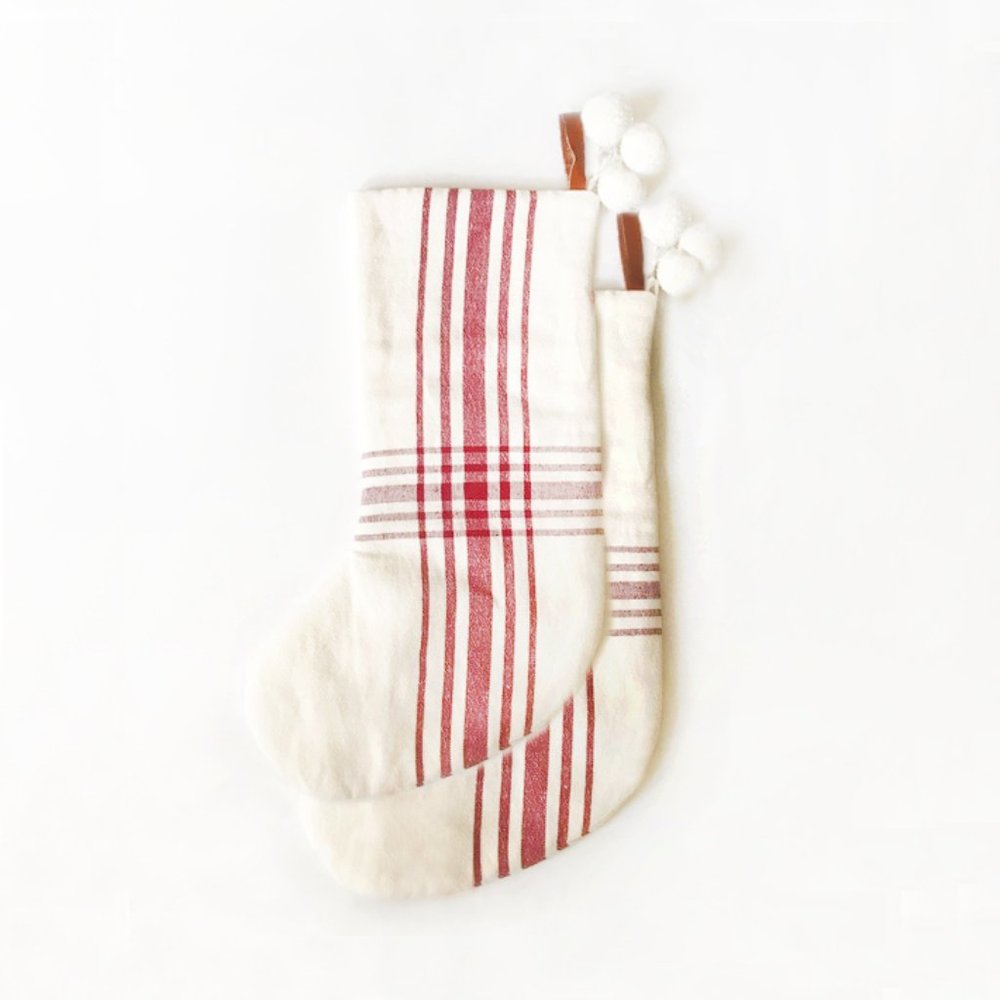 Like New, *2* Hearth & Hand red & cream plaid pom pom Christmas stockings